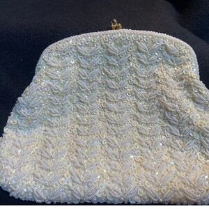 Vintage Beaded Evening Bag Ivory Sequin Gold Satin Interior Wedding Formal 1960s